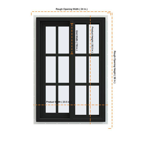 24x36 Bronze Color Vinyl PVC Sliding Window With Colonial Grids Grilles