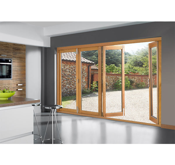 Cheap Aluminum Tempered Glass Wood Color Sliding Folding Door For Sale on China WDMA