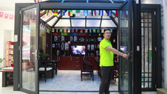 Cheap Aluminum Tempered Glass Wood Color Sliding Folding Door For Sale on China WDMA