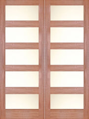WDMA 48x80 Door (4ft by 6ft8in) Interior Barn Mahogany 4 Lite / 5 Lite Shaker Double Door w/ Matte Glass SH-20 1