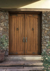 WDMA 60x96 Door (5ft by 8ft) Interior Swing Mahogany Arch Panel Rustic V-Grooved Plank Exterior or Double Door with Corner Straps / Straps 1