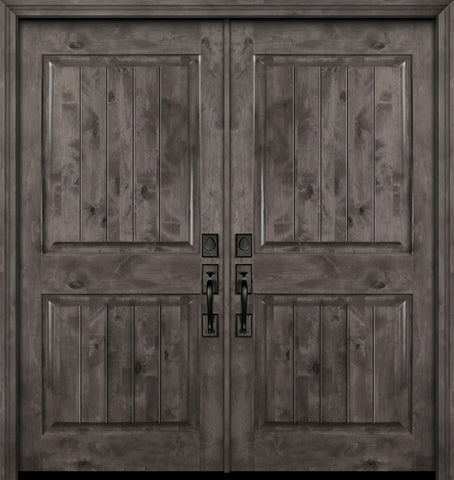 WDMA 64x80 Door (5ft4in by 6ft8in) Exterior Knotty Alder 80in Double 2 Panel Square V-Grooved Estancia Alder Door 1