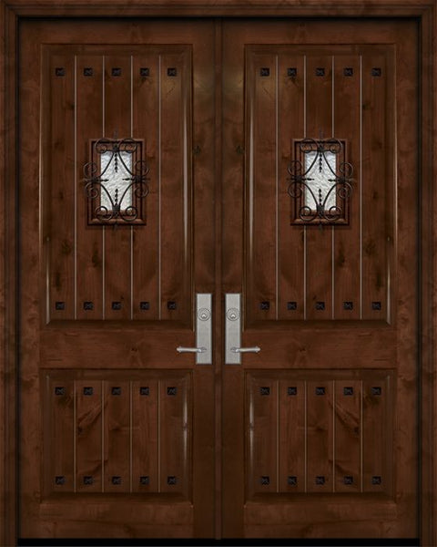 WDMA 64x96 Door (5ft4in by 8ft) Exterior Knotty Alder 96in Double 2 Panel V-Grooved Estancia Alder Door with Speakeasy / Clavos 1
