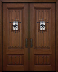 WDMA 64x96 Door (5ft4in by 8ft) Exterior Mahogany 96in Double 2 Panel Square V-Grooved Door with Speakeasy / Clavos 1