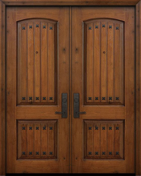 WDMA 64x96 Door (5ft4in by 8ft) Exterior Knotty Alder IMPACT | 96in Double 2 Panel Arch V-Groove Door with Clavos 1