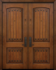WDMA 64x96 Door (5ft4in by 8ft) Exterior Knotty Alder IMPACT | 96in Double 2 Panel Arch V-Groove Door with Clavos 1