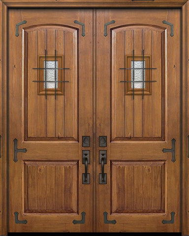 WDMA 64x96 Door (5ft4in by 8ft) Exterior Knotty Alder IMPACT | 96in Double 2 Panel Arch V-Groove Door with Speakeasy / Corner Straps 1