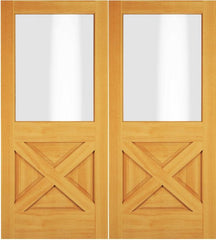 WDMA 68x78 Door (5ft8in by 6ft6in) Exterior Swing Hickory Wood 1/2 Lite Rustic Crossbuk Double Door 1
