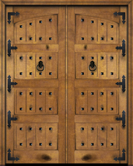 WDMA 68x96 Door (5ft8in by 8ft) Interior Swing Mahogany Arch Top 4 Panel V-Grooved Plank Rustic-Old World Exterior or Double Door with Corner Straps and Clavos 1