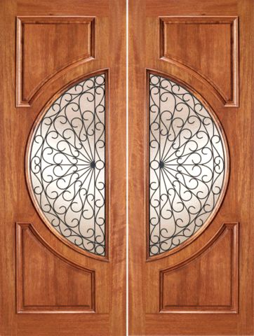 WDMA 72x96 Door (6ft by 8ft) Exterior Mahogany Circle Lite Double Door Scrollwork Ironwork Design 1