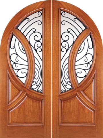 WDMA 72x96 Door (6ft by 8ft) Exterior Mahogany Round Top Solid Double Doors with Forged Iron 1