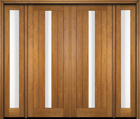 WDMA 76x80 Door (6ft4in by 6ft8in) Exterior Swing Mahogany Modern 2 Flat Panel Center Lite Shaker Double Entry Door Sidelights 1