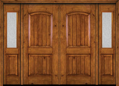 WDMA 84x80 Door (7ft by 6ft8in) Exterior Knotty Alder Alder Rustic V-Grooved Panel Double Entry Door Sidelights Rain Glass 1