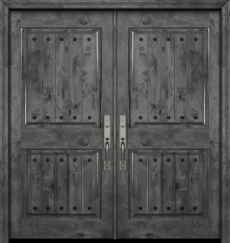 WDMA 84x80 Door (7ft by 6ft8in) Exterior Knotty Alder 42in x 80in Double 2 Panel Square V-Grooved Estancia Alder Door with Clavos 1