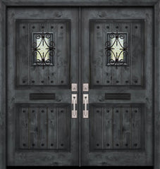 WDMA 84x80 Door (7ft by 6ft8in) Exterior Knotty Alder 42in x 80in Double 2 Panel Square V-Grooved Estancia Alder Door with Speakeasy / Clavos 1