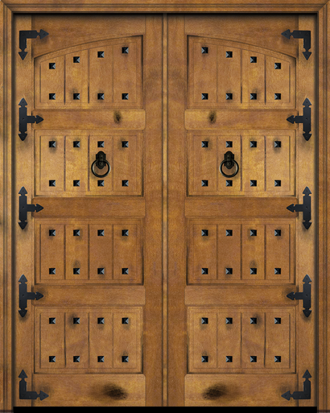 WDMA 84x84 Door (7ft by 7ft) Exterior Barn Mahogany Arch Top 4 Panel V-Grooved Plank Rustic-Old World or Interior Double Door with Corner Straps and Clavos 1