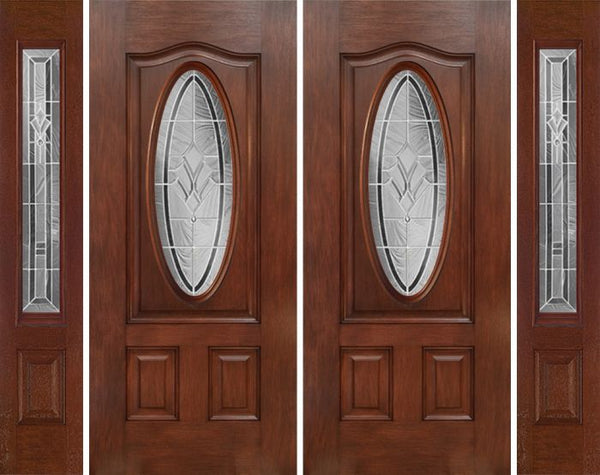 WDMA 88x80 Door (7ft4in by 6ft8in) Exterior Mahogany Oval Three Panel Double Entry Door Sidelights RA Glass 1